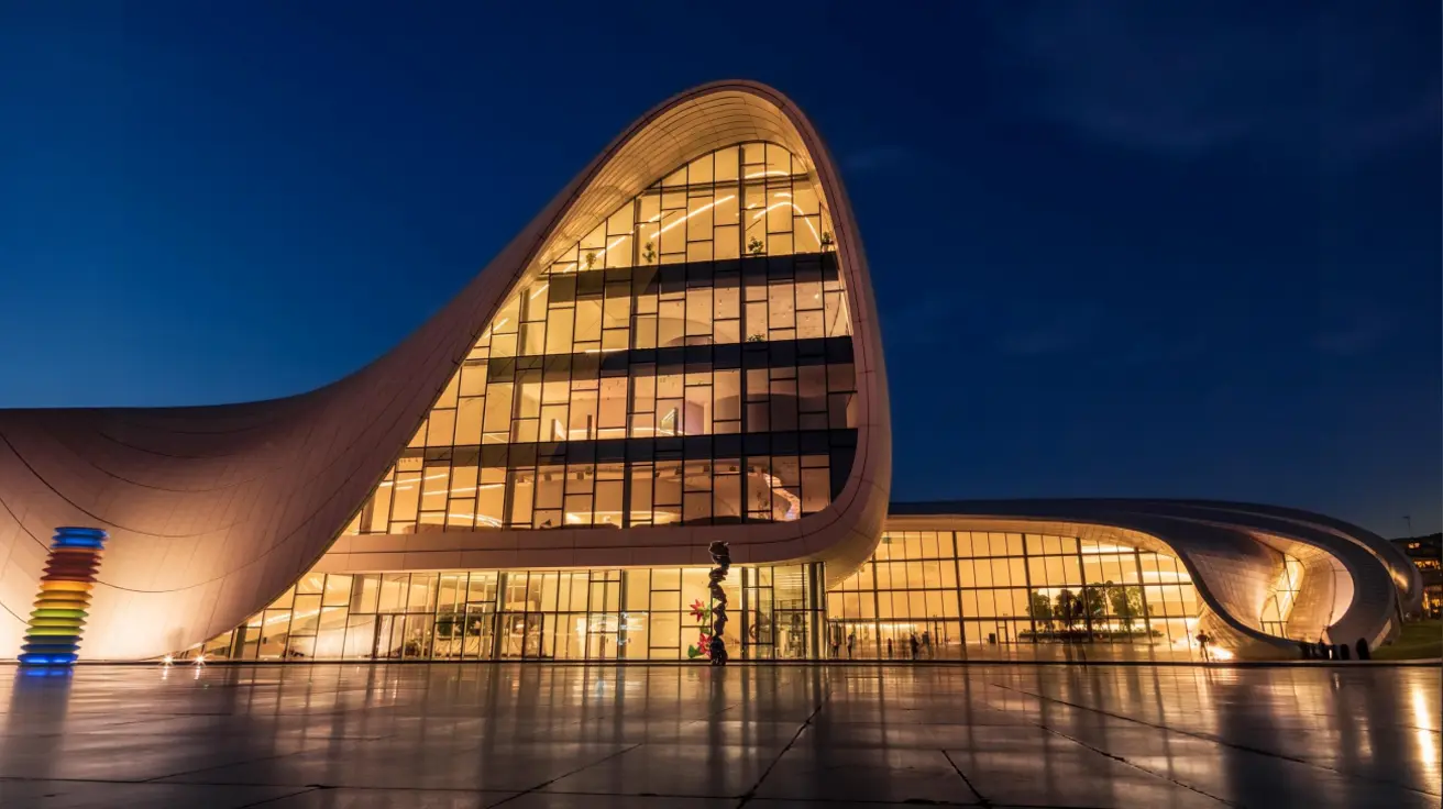 Modern architectural landmark at dusk