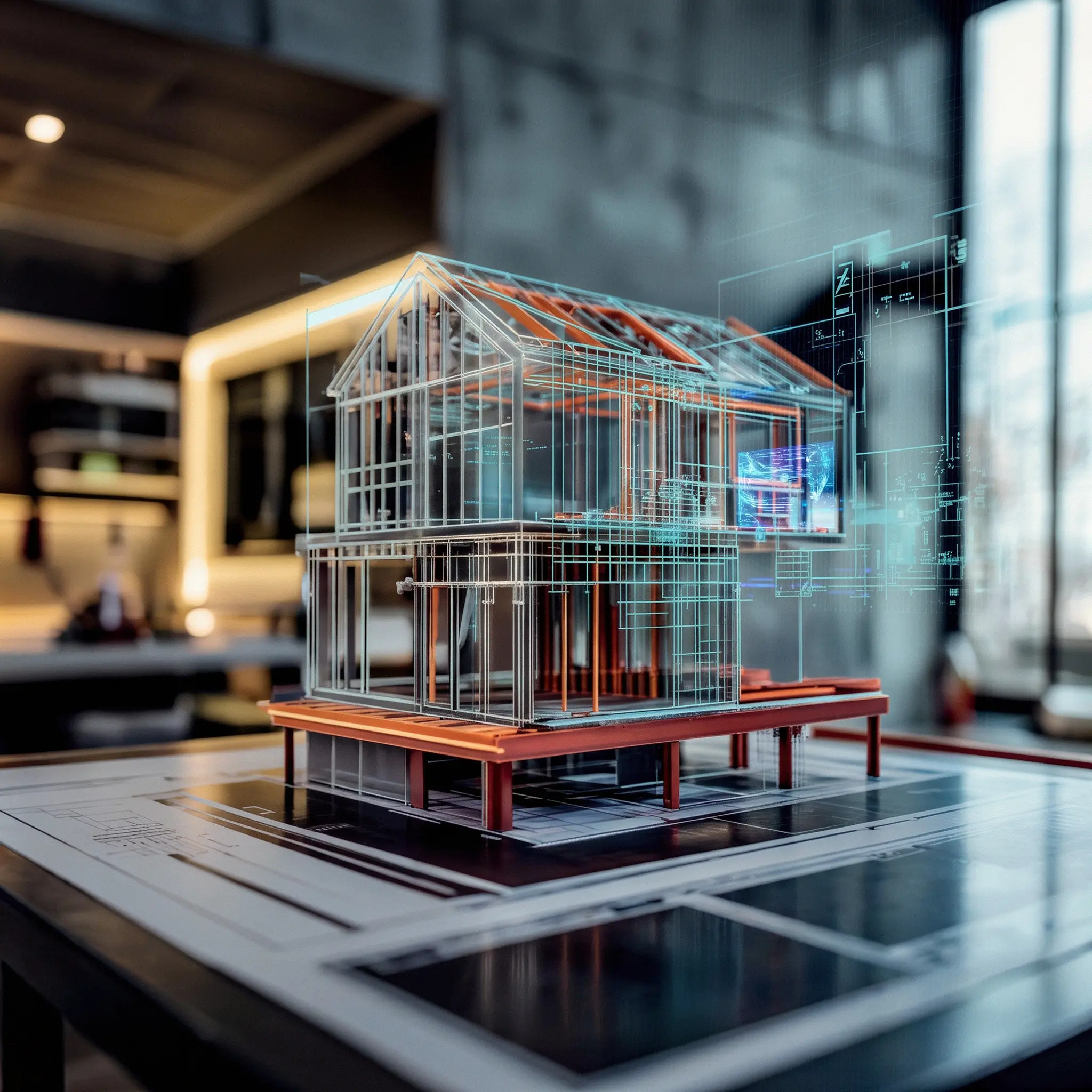 High-tech 3D architectural wireframe model