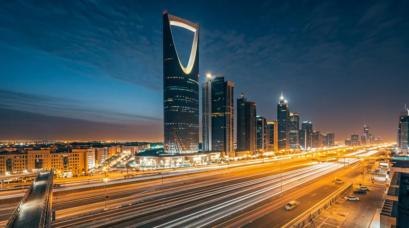 Cinematic night view of Riyadh skyline